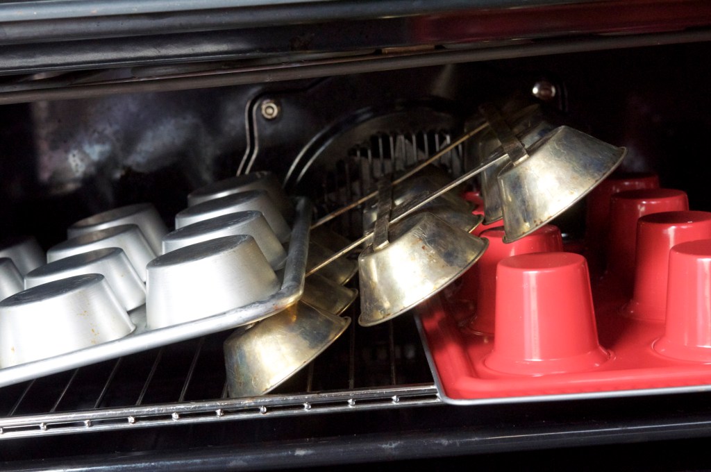 baking tins drying in the oven