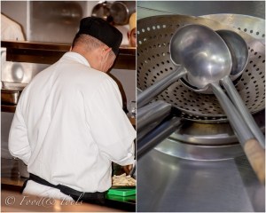 Chef preparing food at restaurant and some ladles