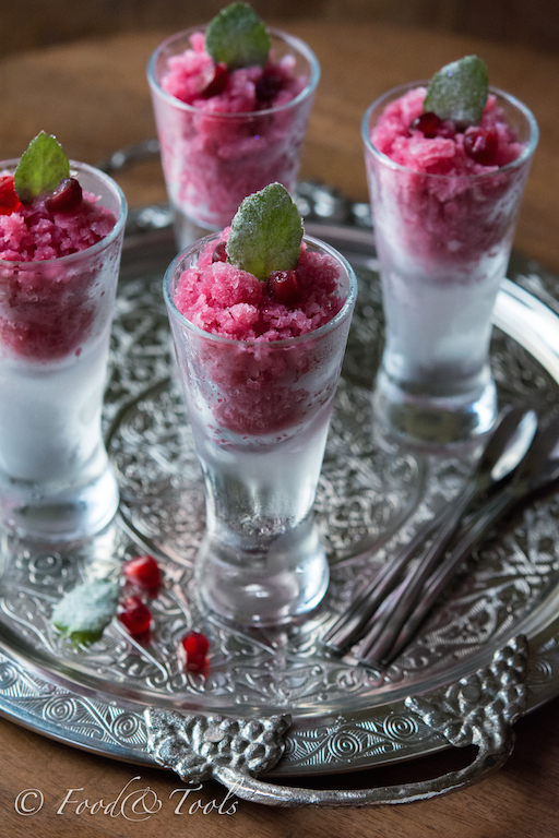 Pomegranate Granita with Sugar Frosted Mint Leaves