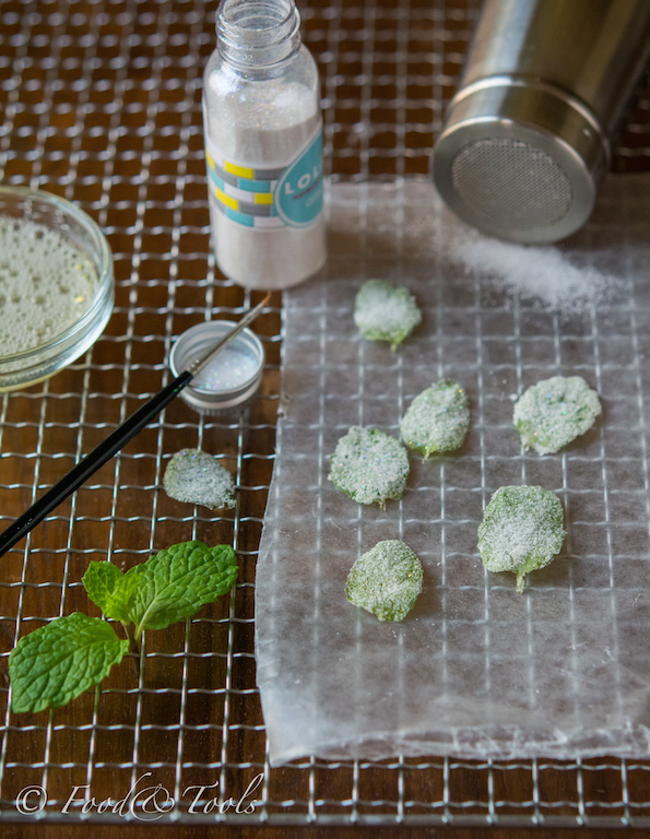 Sugar frosted mint leaves with edible glitter