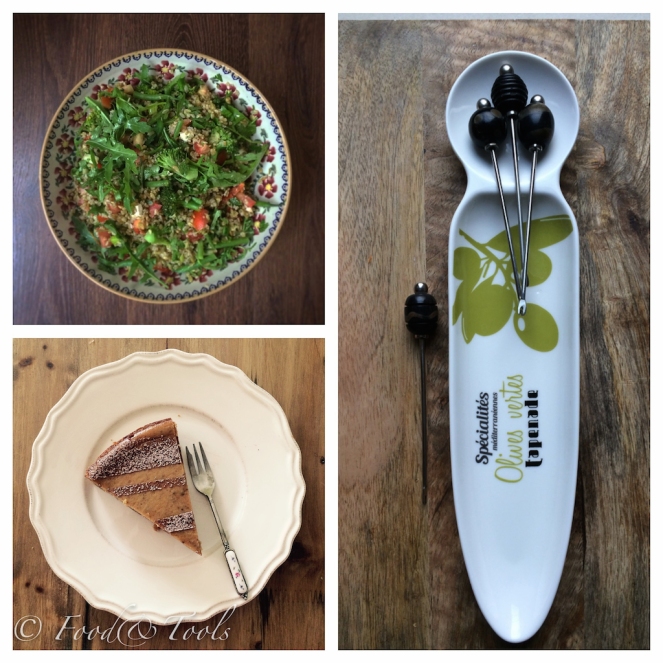 Bowl with Salad, Slice of Date Cheesecake, Olive Dish with Olive Picks