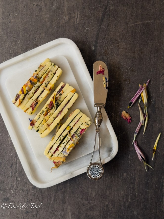 flavored butter with flower petals and green tea